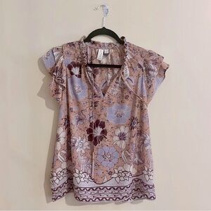 Joie Floral Ruffle Boho Blouse Feminine Relaxed Flutter Sleeves Flowy size‎ M